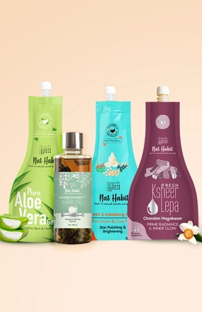 <strong>Pure Aloe Gel, Crushed Tri Leaf Hair Oil, Chandan Nagakesar Lepa & Five Gram Clay & Fuse Mura Combo</strong> <br><i>Combo Pack of 4</i>