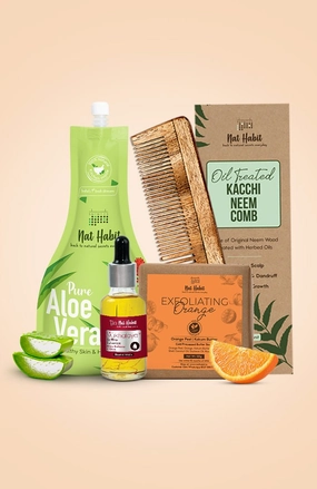 <strong>Pure Aloe Gel, Dual Tooth Comb, Exfoliating Orange Soap & Saffron Tuberose Mukhalaya Combo</strong> <br><i>Combo Pack of 4</i>