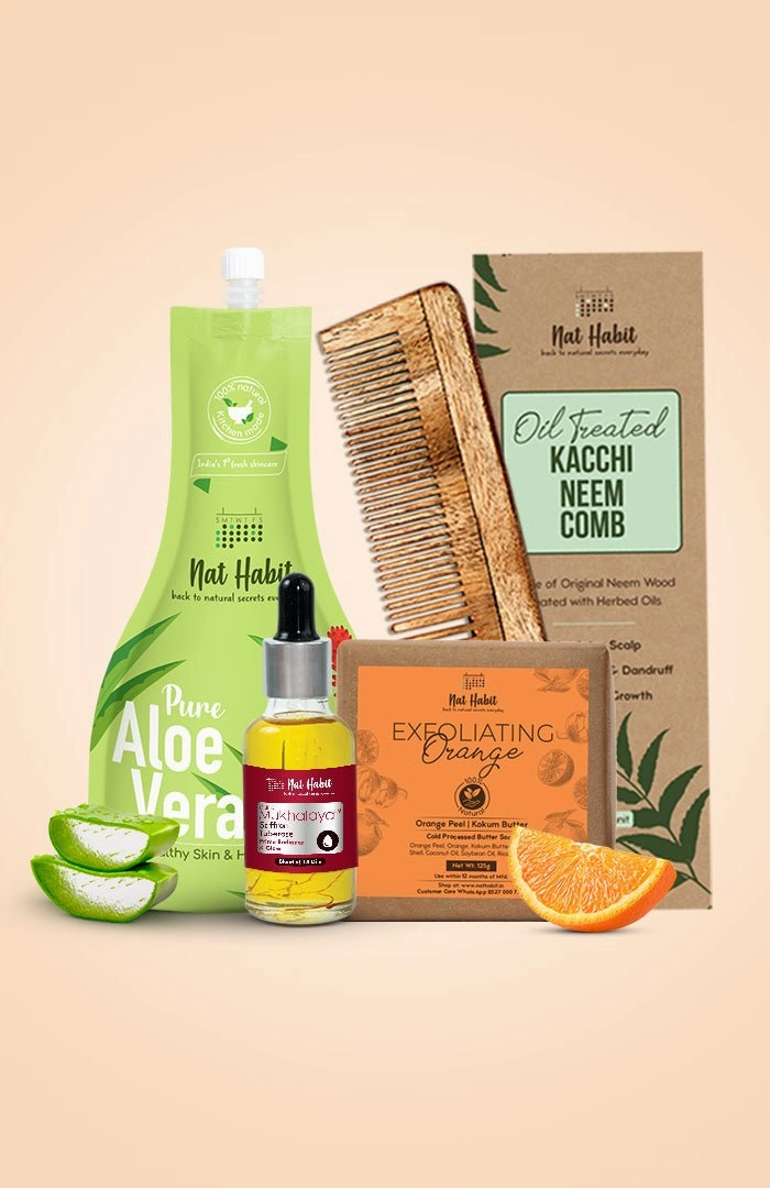 <strong>Pure Aloe Gel, Dual Tooth Comb, Exfoliating Orange Soap & Saffron Tuberose Mukhalaya Combo</strong> <br><i>Combo Pack of 4</i>