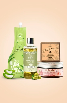 <strong>Pure Aloe Gel, Fig Rose Skin Malai, Olive Almond Hair Oil & Soothing Sandalwood Soap Combo</strong> <br><i>Combo Pack of 4</i>