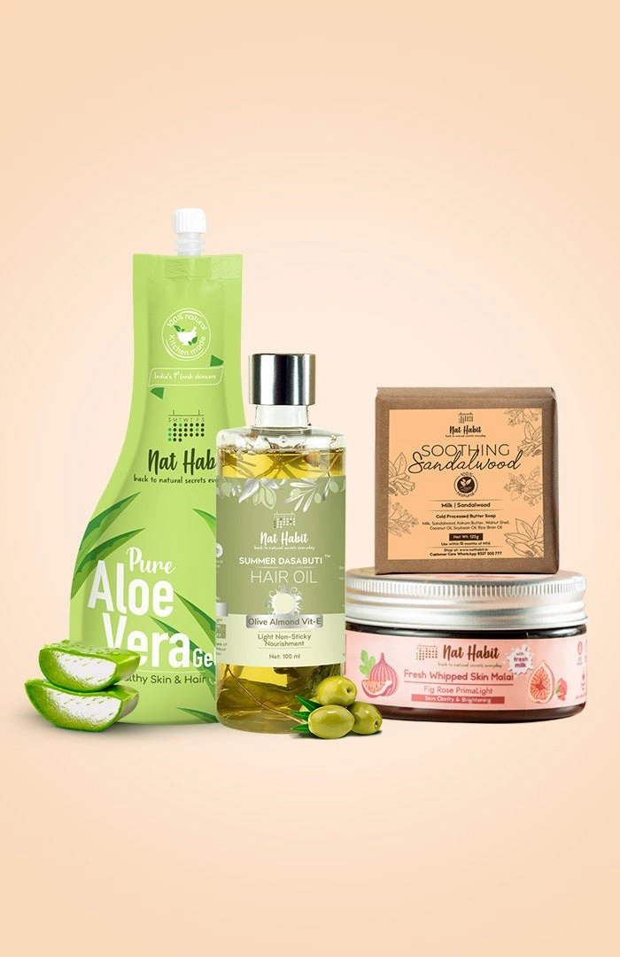 <strong>Pure Aloe Gel, Fig Rose Skin Malai, Olive Almond Hair Oil & Soothing Sandalwood Soap Combo</strong> <br><i>Combo Pack of 4</i>