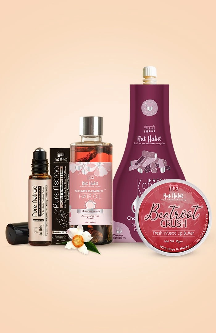 <strong>Pure Netraa, Beetroot Crush Lip Butter, Hibiscus Amla Hair Oil & Chandan Nagakesar Lepa Combo</strong> <br><i>Combo Pack of 4</i>