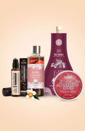 <strong>Pure Netraa, Beetroot Crush Lip Butter, Hibiscus Amla Hair Oil & Chandan Nagakesar Lepa Combo</strong> <br><i>Combo Pack of 4</i>