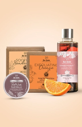 <strong>Soothing Sandalwood Soap, Exfoliating Orange Soap, Hibisus Amla Hair Oil & Almond Marula Hair Balm Combo</strong> <br><i>Combo Pack of 4</i>