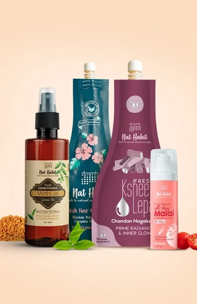 <strong>Tomato Vetiver Face Malai, Green Tea Methi Jal, Five Oil Hibiscus NutriMask & Chandan Nagakesar Lepa Combo </strong> <br><i>Combo Pack of 4</i>
