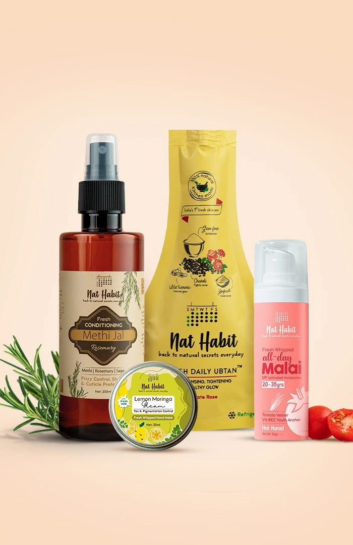 <strong>Tomato Vetiver Face Malai, Lemon Moringa Hand Malai, Rosemary Methi Jal & Delicate Rose Ubtan Combo </strong> <br><i>Combo Pack of 4</i>