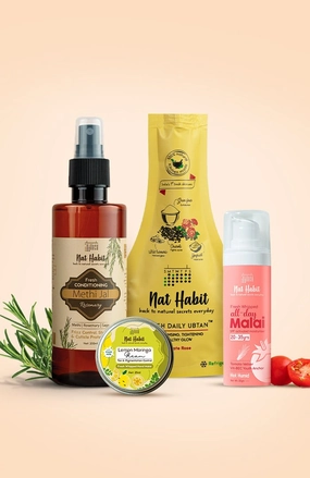<strong>Tomato Vetiver Face Malai, Lemon Moringa Hand Malai, Rosemary Methi Jal & Delicate Rose Ubtan Combo </strong> <br><i>Combo Pack of 4</i>