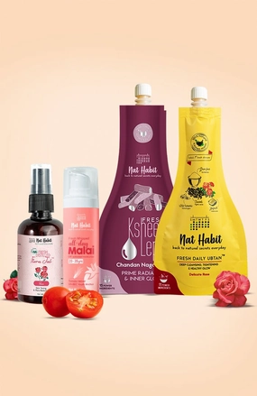 <strong>Tomato Vetiver Face Malai, Pure Gulab Jal, Delicate Rose Ubtan & Chandan Nagakesar Lepa Combo</strong> <br><i>Combo Pack of 4</i>