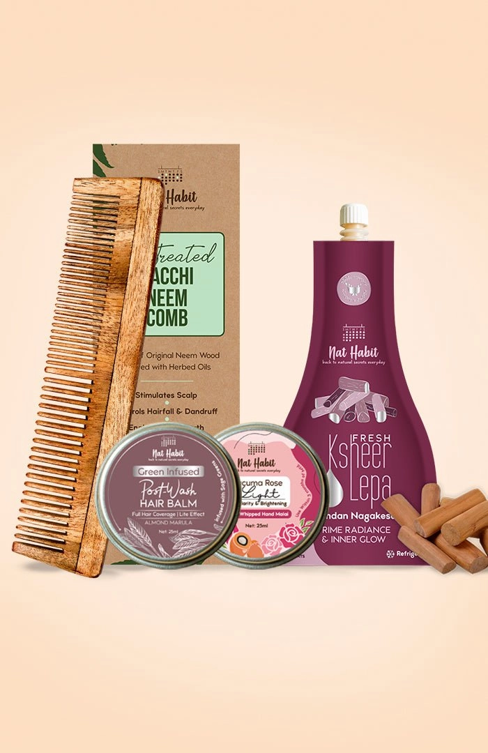<strong>Tucuma Rose Hand Malai, Chandan Nagakesar Lepa, Dual Tooth Comb & Almond Marula Hair Balm Combo</strong> <br><i>Combo Pack of 4</i>
