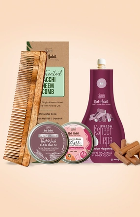 <strong>Tucuma Rose Hand Malai, Chandan Nagakesar Lepa, Dual Tooth Comb & Almond Marula Hair Balm Combo</strong> <br><i>Combo Pack of 4</i>