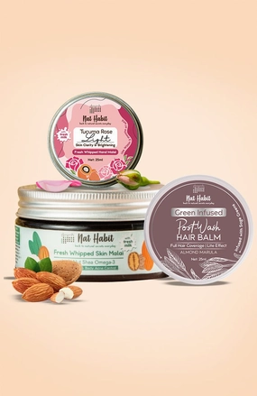 <strong>Tucuma Rose Hand Malai, Multi Nut Skin Malai & Almond Marula Hair Balm Combo</strong> <br><i>Combo Pack of 3</i>