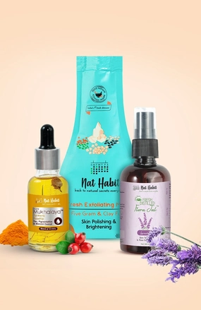 <strong>Turmeric Rosehip Mukhalaya, Pure Lavender Jal & Five Gram Clay & Fuse Mura Combo</strong> <br><i>Combo Pack of 3</i>