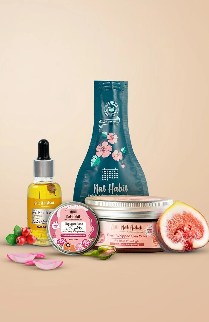 <strong>Turmeric Rosehip Mukhalaya, Tucuma Rose Hand Malai, Five Oil Hibiscus NutriMask & Fig Rose Skin Malai Combo</strong> <br><i>Combo Pack of 4</i>