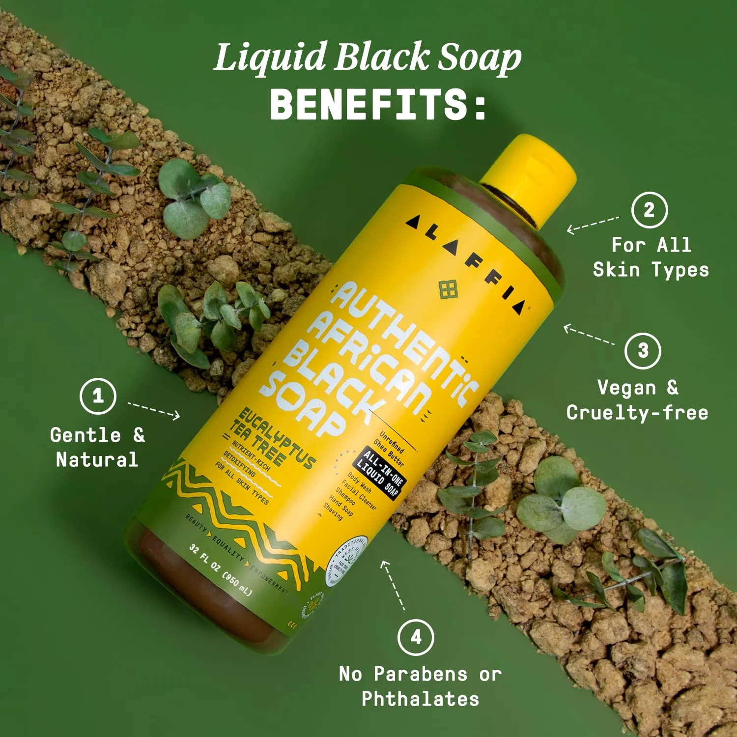 Alaffia Authentic African Black Soap, Eucalyptus Tea Tree – All-in-One Moisturizing Cleanser for Face, Hands, Body & Hair, 32 Oz Ea