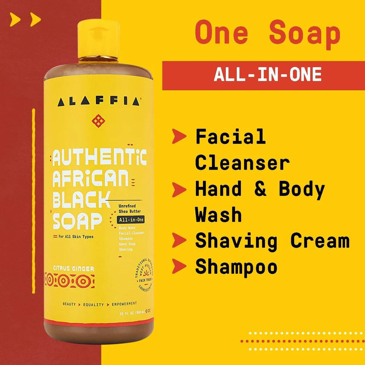 Alaffia Authentic African Black Soap Variety 2-Pack – All-In-One Liquid Soap, Travel-Size Eucalyptus Tea Tree   Full-Size Citrus Ginger Body Wash, Face Wash, Shampoo, Shaving Soap