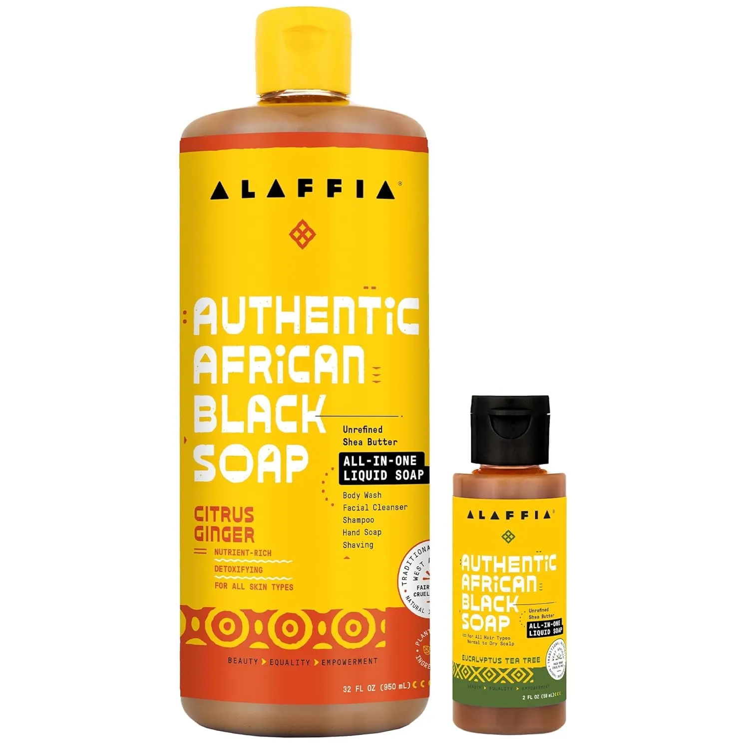 Alaffia Authentic African Black Soap Variety 2-Pack – All-In-One Liquid Soap, Travel-Size Eucalyptus Tea Tree   Full-Size Citrus Ginger Body Wash, Face Wash, Shampoo, Shaving Soap