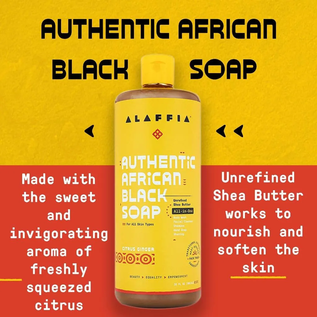 Alaffia Authentic African Black Soap Variety 2-Pack – All-In-One Liquid Soap, Travel-Size Eucalyptus Tea Tree   Full-Size Citrus Ginger Body Wash, Face Wash, Shampoo, Shaving Soap