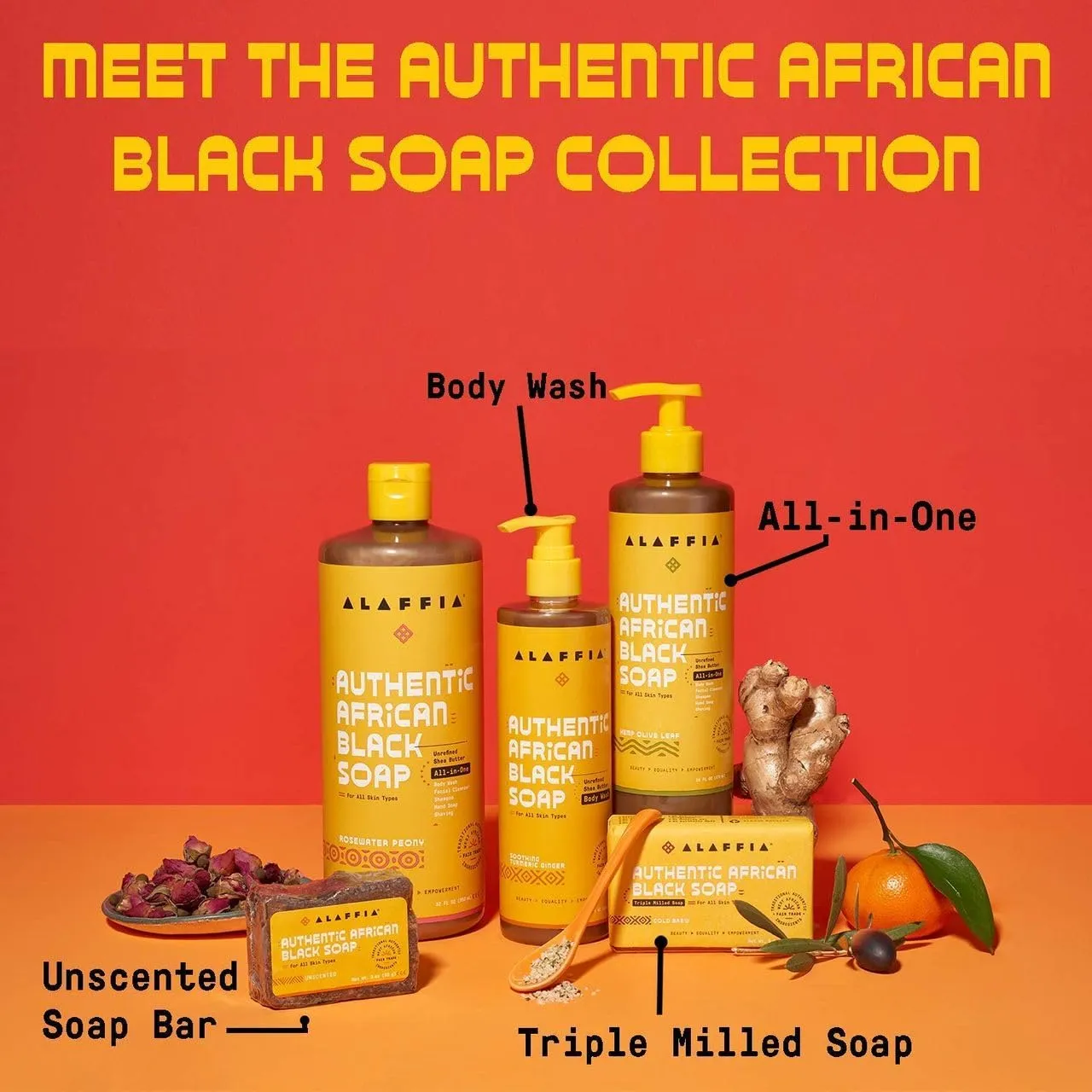 Alaffia Authentic African Black Soap Variety 2-Pack – All-In-One Liquid Soap, Travel-Size Eucalyptus Tea Tree   Full-Size Citrus Ginger Body Wash, Face Wash, Shampoo, Shaving Soap