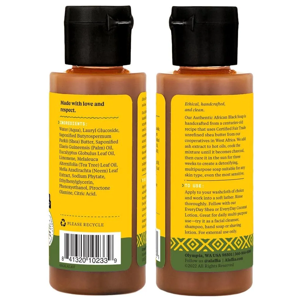 Alaffia Authentic African Black Soap Variety 2-Pack – All-In-One Liquid Soap, Travel-Size Eucalyptus Tea Tree   Full-Size Citrus Ginger Body Wash, Face Wash, Shampoo, Shaving Soap