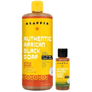 Alaffia Authentic African Black Soap Variety 2-Pack – All-In-One Liquid Soap, Travel-Size Eucalyptus Tea Tree   Full-Size Citrus Ginger Body Wash, Face Wash, Shampoo, Shaving Soap