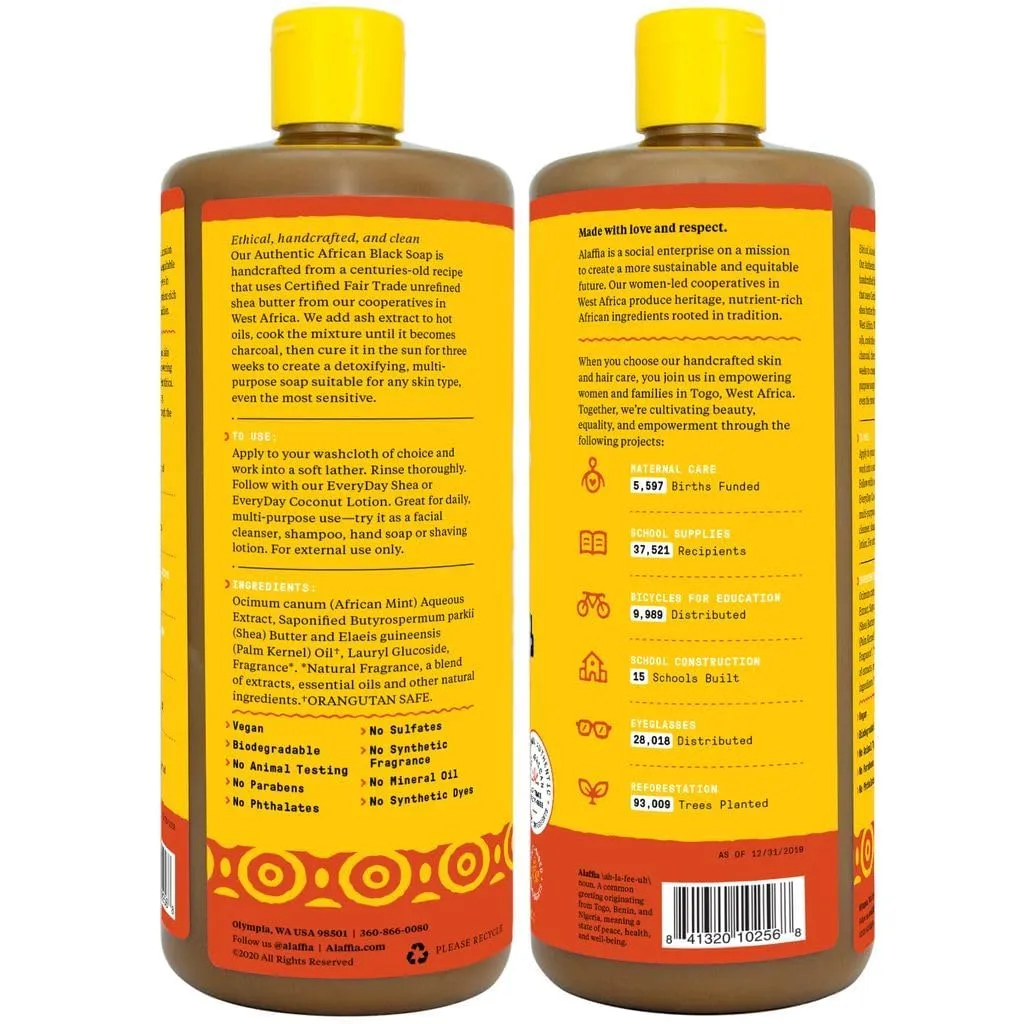 Alaffia Authentic African Black Soap Variety 2-Pack – All-In-One Liquid Soap, Travel-Size Eucalyptus Tea Tree   Full-Size Citrus Ginger Body Wash, Face Wash, Shampoo, Shaving Soap