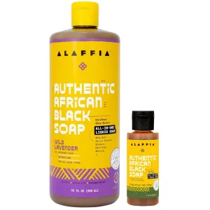 Alaffia Authentic African Black Soap Variety 2-Pack – All-In-One Liquid Soap, Travel-Size Eucalyptus Tea Tree   Full-Size Wild Lavender Body Wash, Face Wash, Shampoo, Shaving Soap