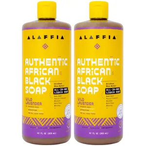 Alaffia Authentic African Black Soap, Wild Lavender, 2-Pack – All-in-One Moisturizing Cleanser for Face, Hands, Body & Hair, 32 Oz Ea