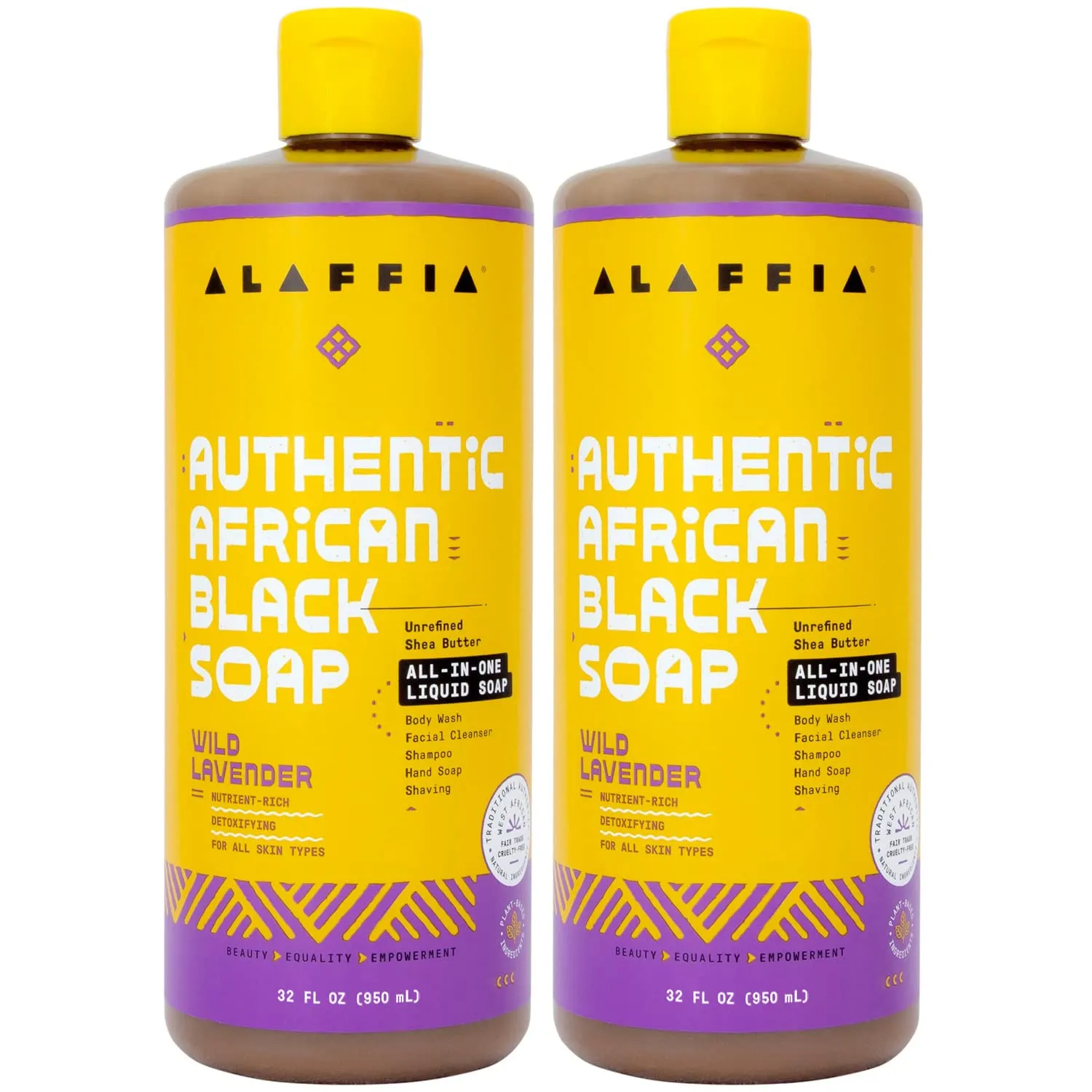 Alaffia Authentic African Black Soap, Wild Lavender, 2-Pack – All-in-One Moisturizing Cleanser for Face, Hands, Body & Hair, 32 Oz Ea