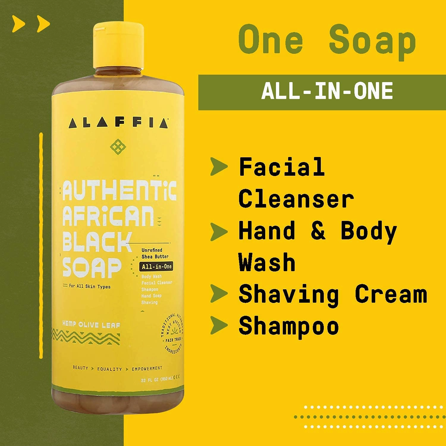 Alaffia Authentic African Black Soap, Hemp Olive Leaf – All-in-One Moisturizing Cleanser for Face, Hands, Body & Hair, 32 Oz