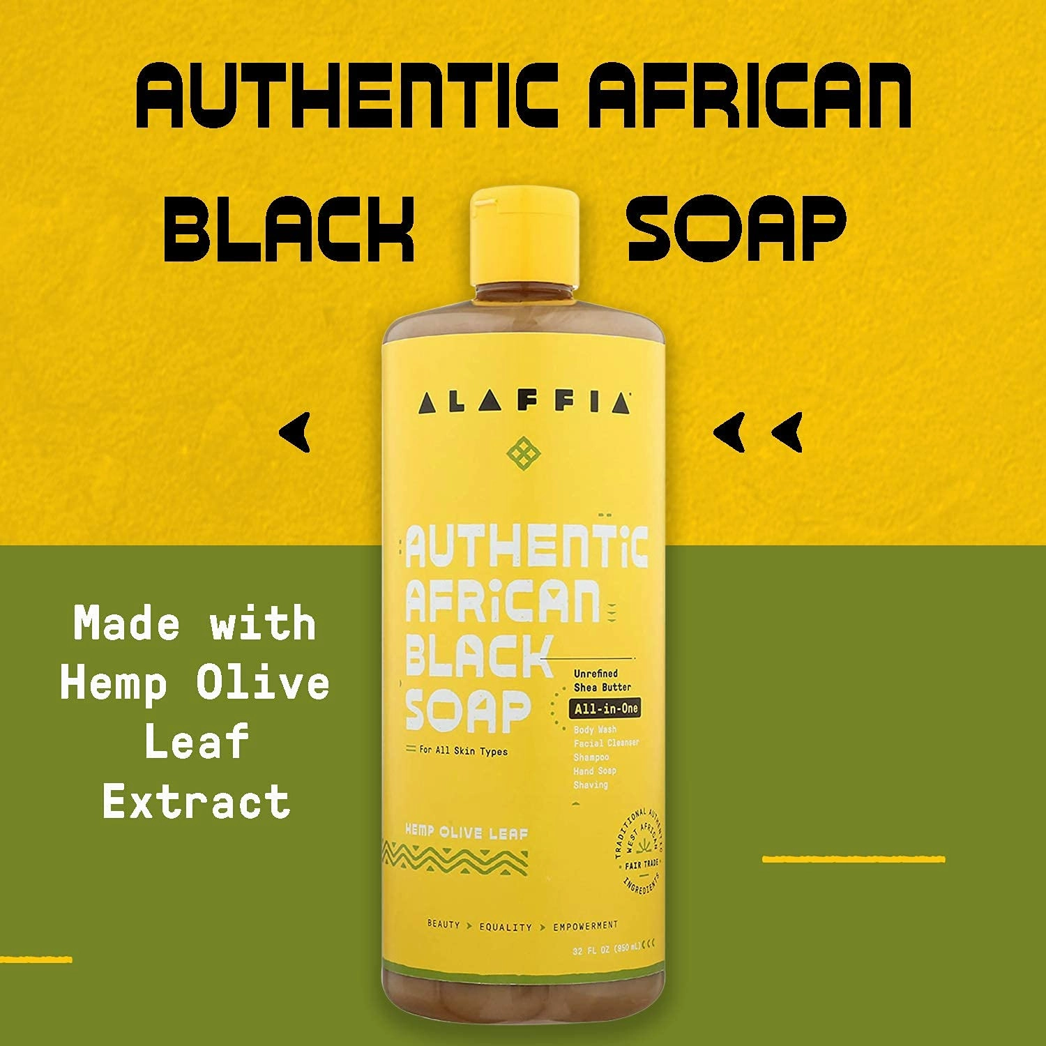 Alaffia Authentic African Black Soap, Hemp Olive Leaf – All-in-One Moisturizing Cleanser for Face, Hands, Body & Hair, 32 Oz