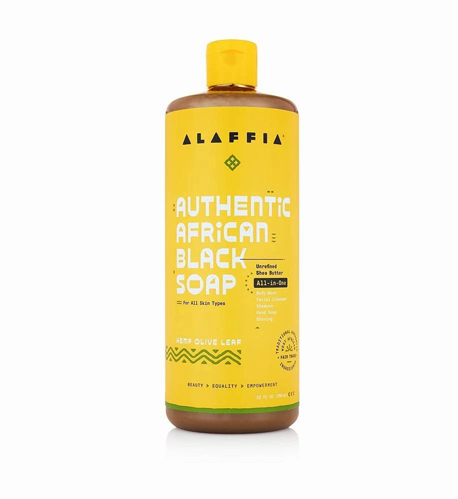 Alaffia Authentic African Black Soap, Hemp Olive Leaf – All-in-One Moisturizing Cleanser for Face, Hands, Body & Hair, 32 Oz