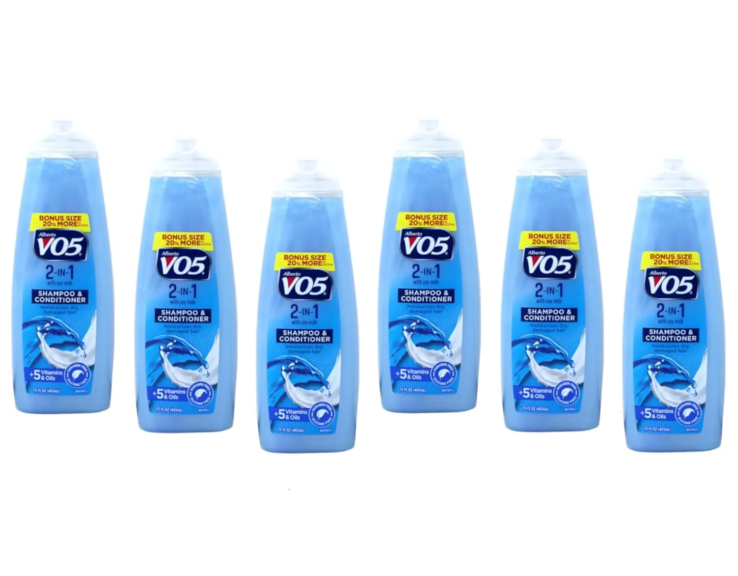 Alberto VO5 2 in 1 Moisturizing Shampoo/Conditioner, Softens and Shines, 6 Pack of 12.5 Oz Bottles