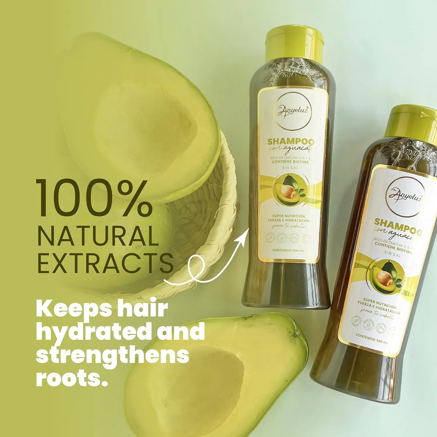 Anyeluz Avocado Moisturizing Shampoo, Enriched with Omega 3, 6, 9, and Biotin, Repairs and Protects Damaged Hair Fibers, Enhances Hair Shine and Guards Against Sun Damage