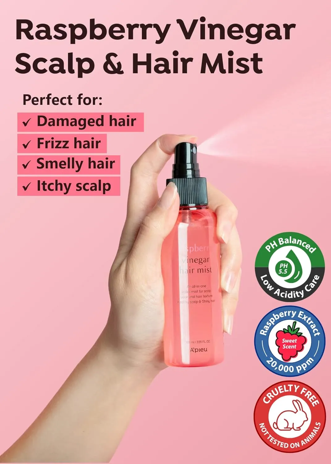 A'PIEU Raspberry Vinegar Hair Care Bundle - Vinegar Rinse 6.76 Fl oz & Mist 3.55 fl oz | Scalp Treatment, pH Balance, Frizz Control | Clarifying, Nourishing, Refreshing