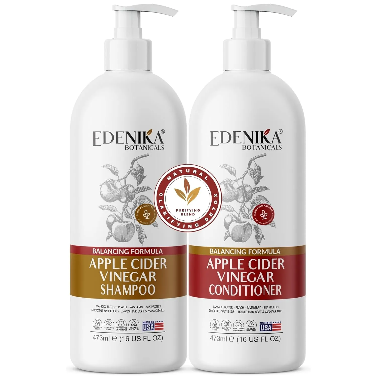 Apple Cider Vinegar (ACV) Shampoo & Conditioner | Clarifies, Balances pH, Detoxes Deep Cleanser for Scalp & Hair, Buildup Remover, Ideal for Locs, Curly, Oily Hair, 16 fl oz Each