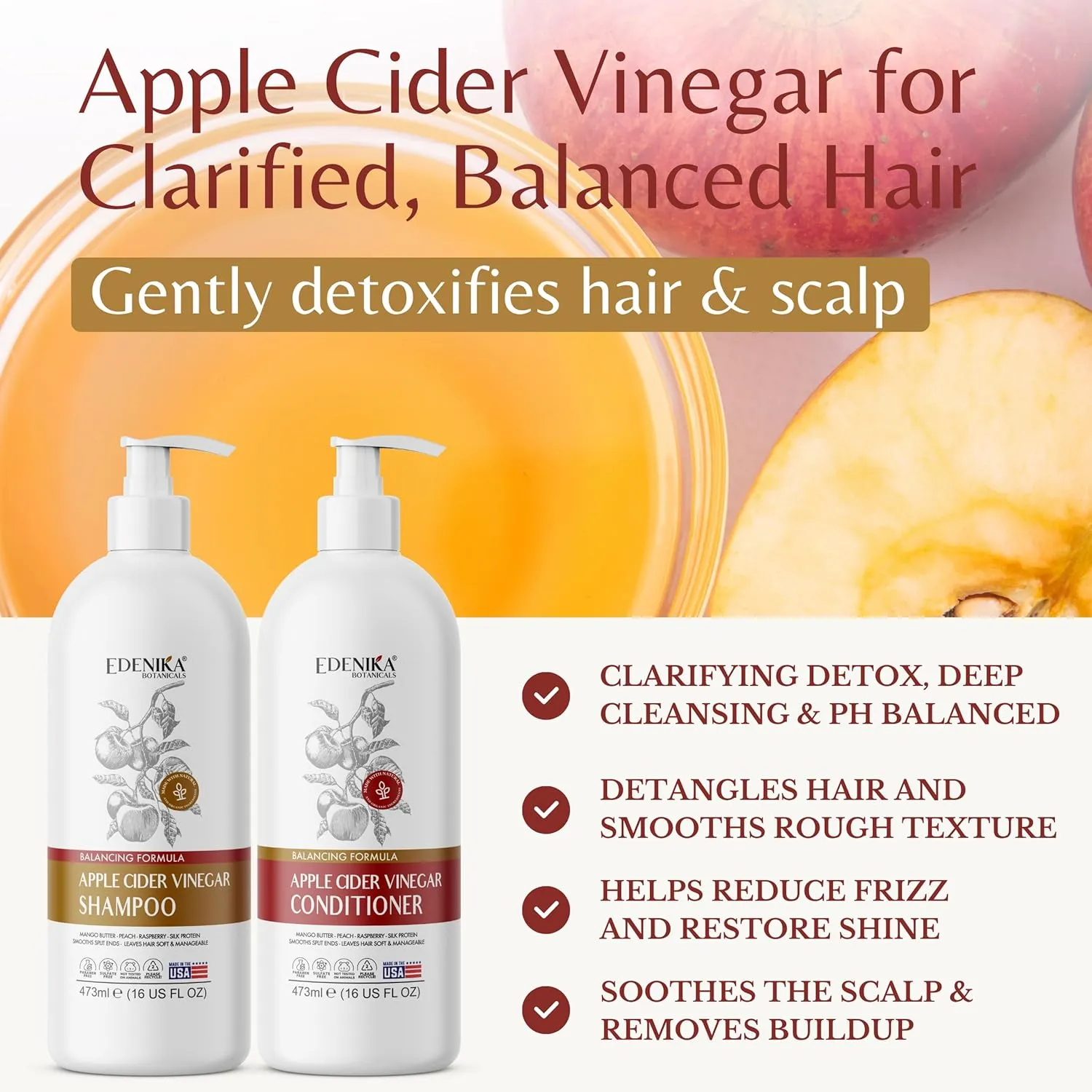 Apple Cider Vinegar (ACV) Shampoo & Conditioner | Clarifies, Balances pH, Detoxes Deep Cleanser for Scalp & Hair, Buildup Remover, Ideal for Locs, Curly, Oily Hair, 16 fl oz Each