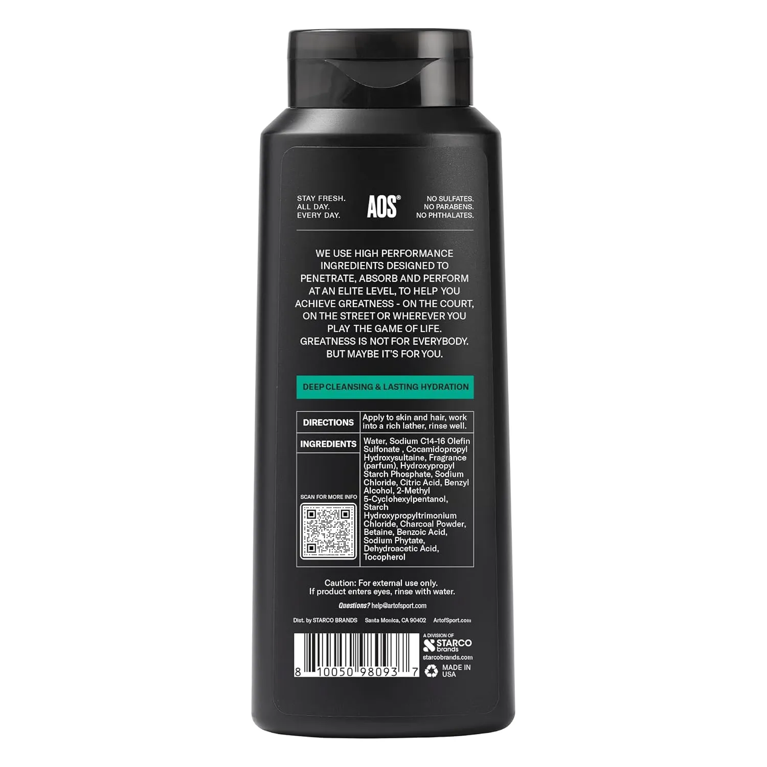 Art of Sport Men’s 2-in-1 Body Wash and Shampoo with Charcoal Activated, Eucalyptus Fragrance, Made for Athletes, Victory Scent, 16 fl oz (Pack of 2)