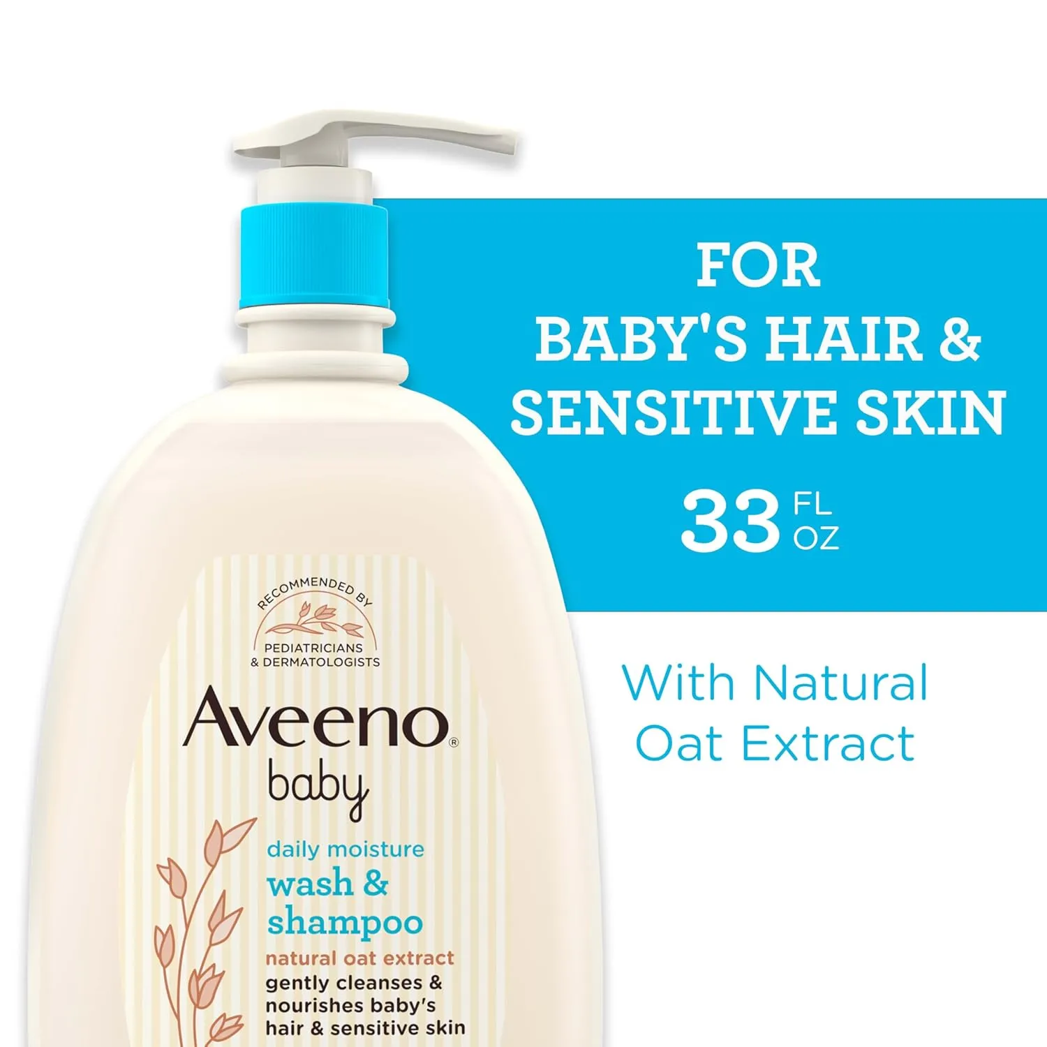 Aveeno Baby Daily Moisture Gentle Bath Wash & Shampoo with Natural Oat Extract, Hypoallergenic, Tear-Free & Paraben-Free Formula For Sensitive Hair & Skin, Lightly Scented, 33 fl. oz