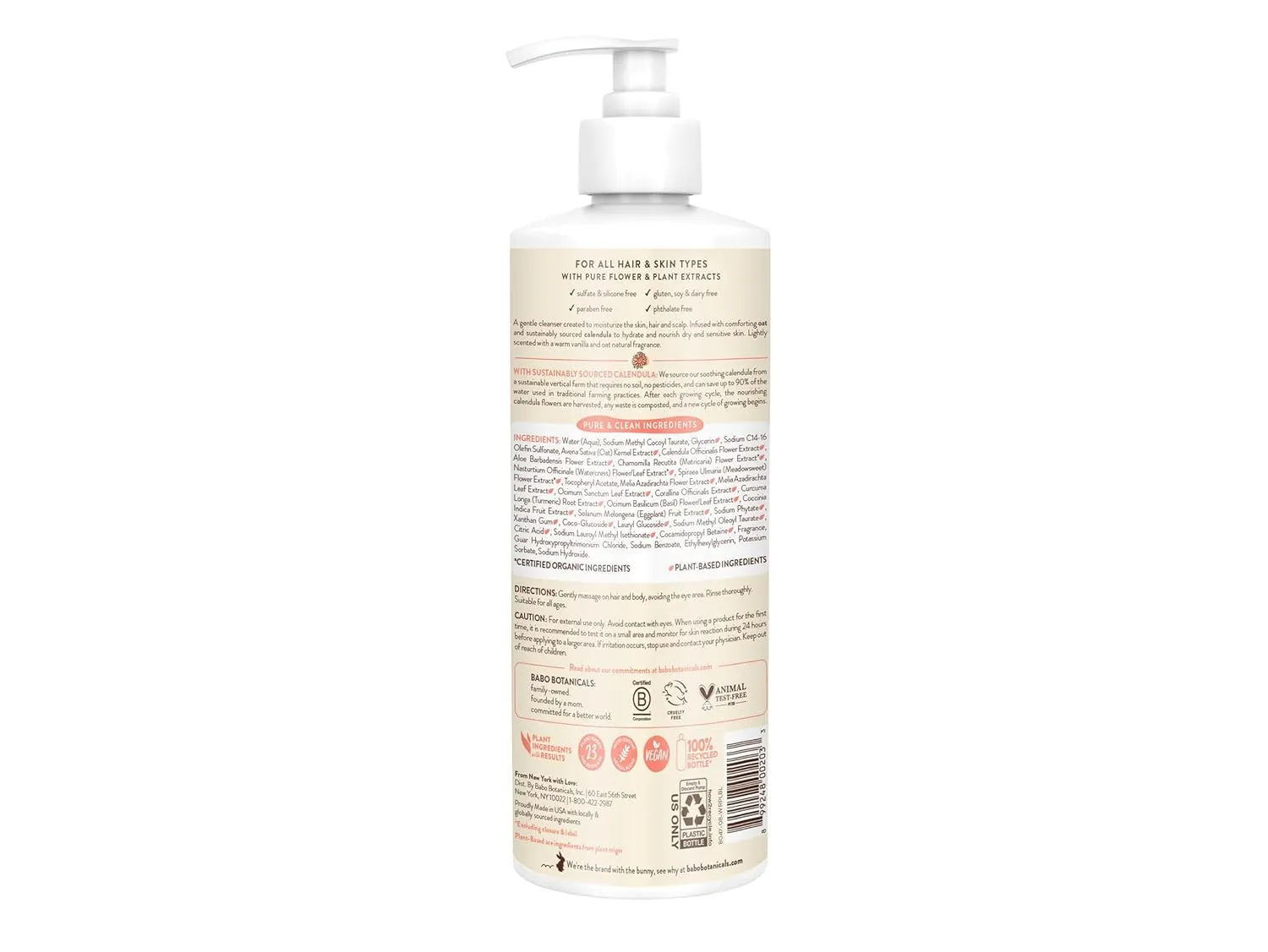Babo Botanicals Moisturizing Oat & Calendula 2-in-1 Shampoo & Wash - For Dry or Sensitive Skin - For all ages - Lightly Scented - Vegan - Various Sizes