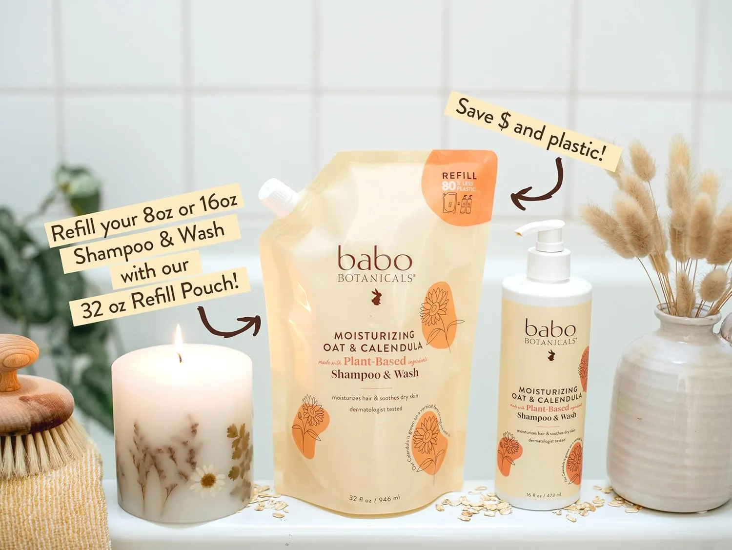 Babo Botanicals Moisturizing Oat & Calendula 2-in-1 Shampoo & Wash - For Dry or Sensitive Skin - For all ages - Lightly Scented - Vegan - Various Sizes