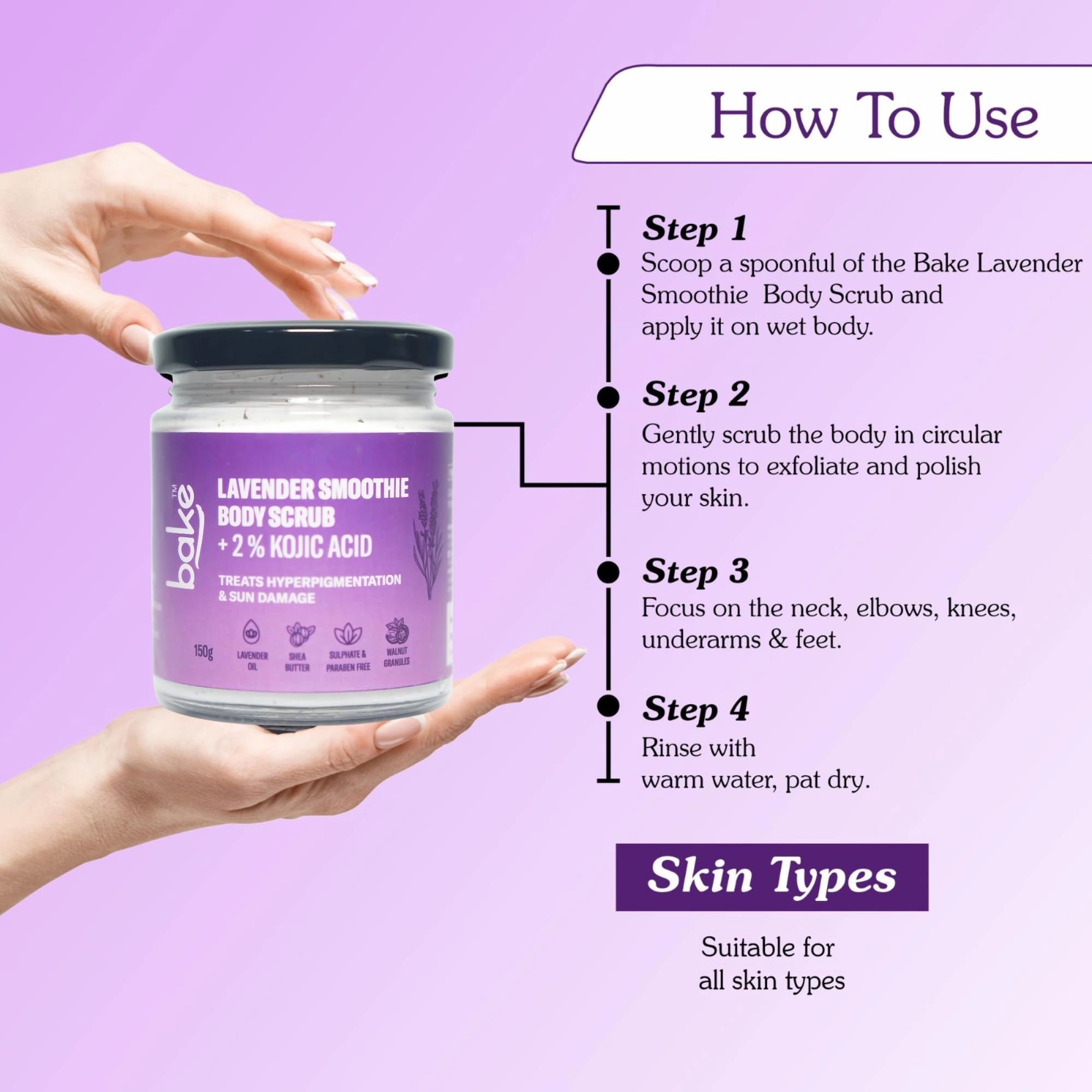 BAKE 2% Kojic Acid Lavender Smoothie Body Scrub for Women & Men | Skin Brightening, Treats Hyperpigmentation & Tan Removal | Shea Butter, Walnut Granules, Jojoba Oil | 150g