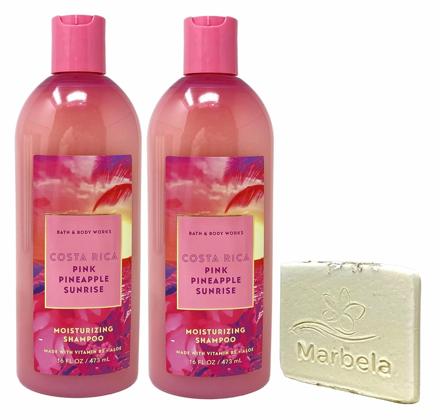 Bath & Body Works Costa Rica Pink Pineapple Sunrise 2 Piece Moisturizing Shampoo Set with a Marbela Natural Oats Sample Soap