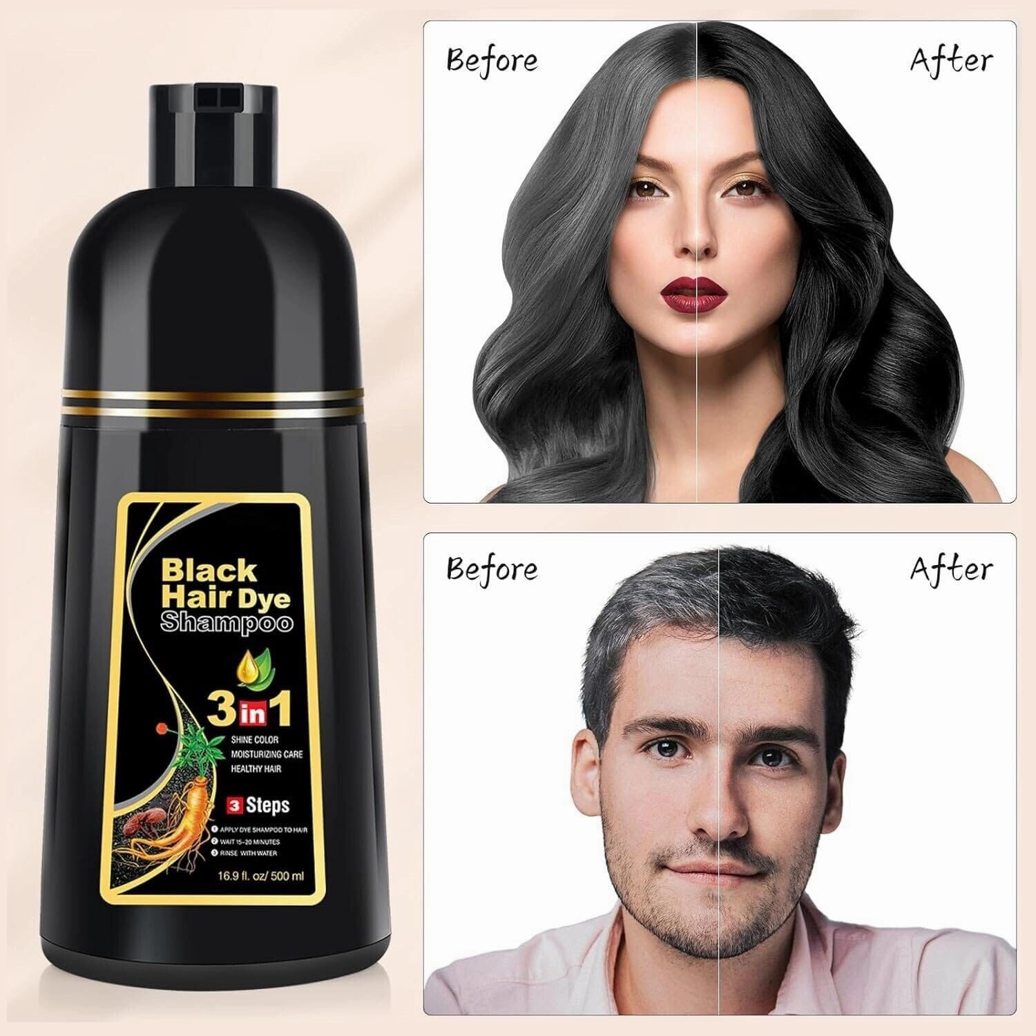 Black Hair Dye Shampoo 3 in 1 Instant Hair Color for Gray Coverage Herbal & Natural Formula Ammonia-Free & Long-Lasting Easy At-Home Use for Men & Women (500ml)