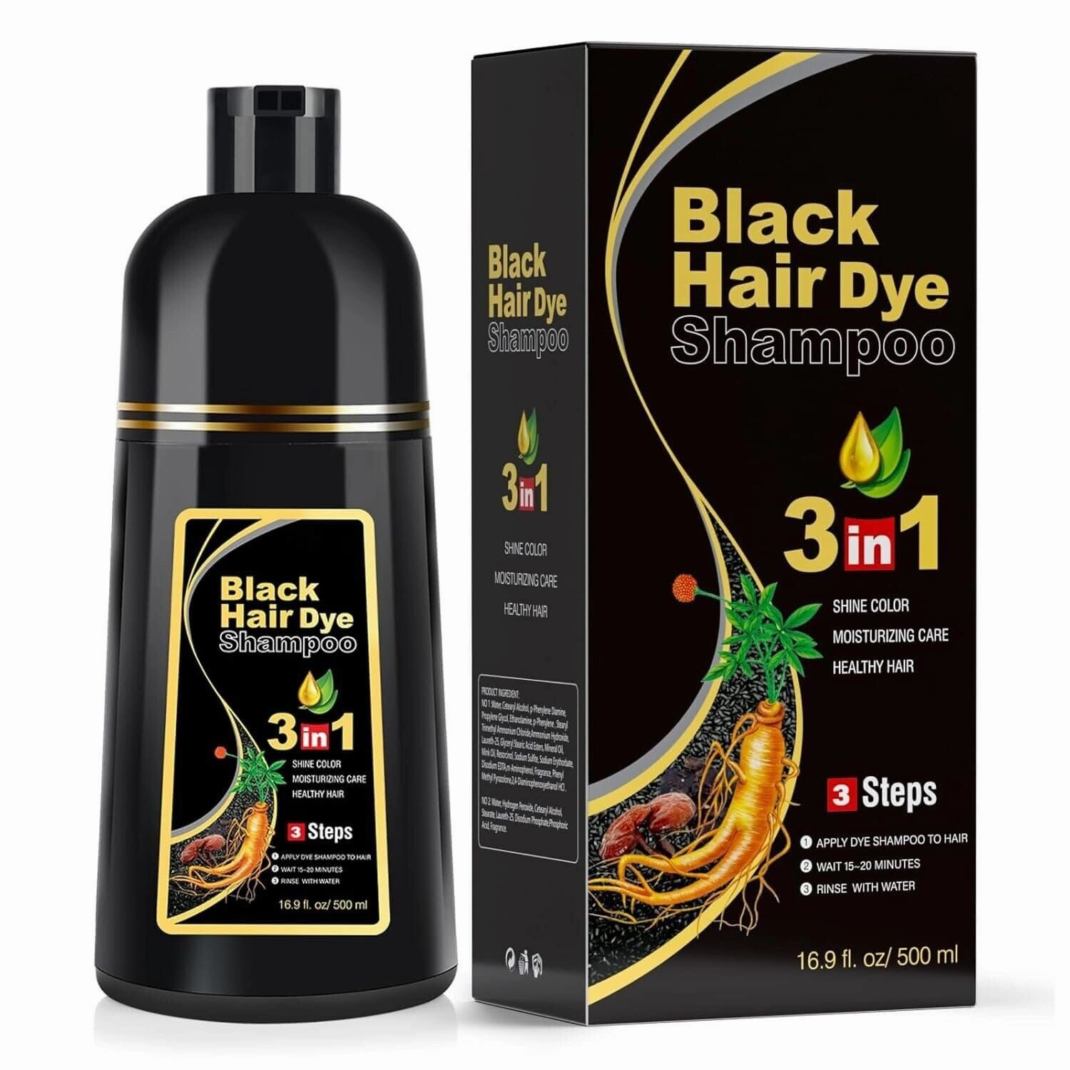 Black Hair Dye Shampoo 3 in 1 Instant Hair Color for Gray Coverage Herbal & Natural Formula Ammonia-Free & Long-Lasting Easy At-Home Use for Men & Women (500ml)