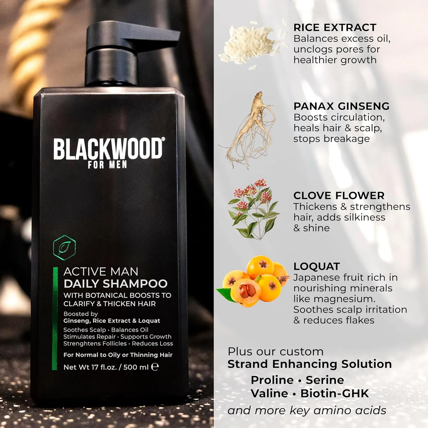 BLACKWOOD FOR MEN Active Man Daily Shampoo - Thickening & Clarifying Shampoo for Normal to Oily Hair or Scalp - Fights Hair Loss - Natural Vegan Formula - Sulfate Free with Ginseng & Aloe Vera (17oz)