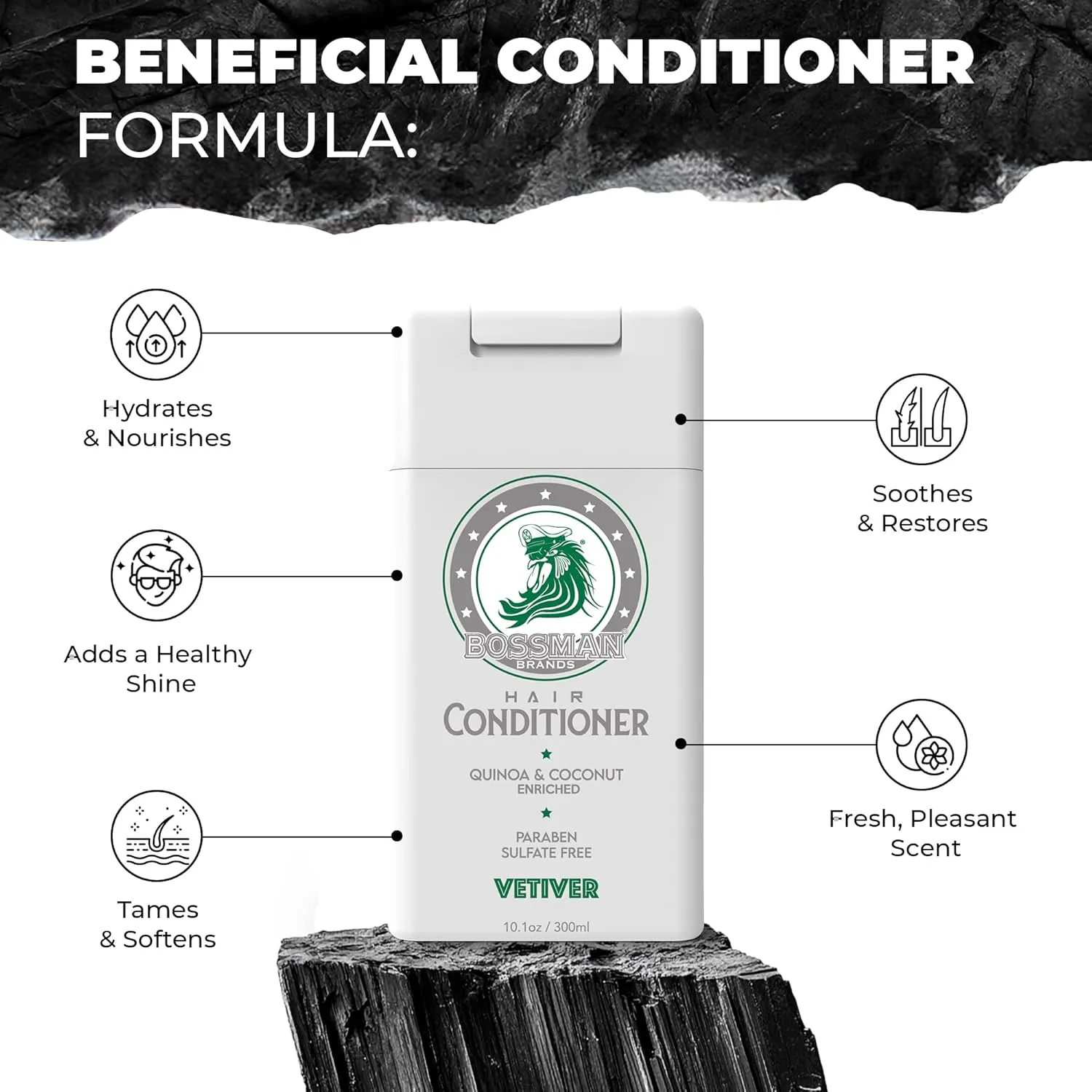 Bossman Moisturizing Hair Conditioner for Men – Stimulates, Hydrates, Soothes Men's Hair and Scalp – Natural Quinoa & Coconut Enriched - Paraben & Sulfate Free (Vetiver X Scent)