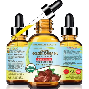 Botanical Beauty Organic JOJOBA OIL 100% Pure Natural VIRGIN UNREFINED Cold-Pressed Carrier Oil 4 Fl oz 120 ml for Face, Skin, Body, Hair, Lip, Nails. Rich in Vitamin E, Omega 6, Omega 9