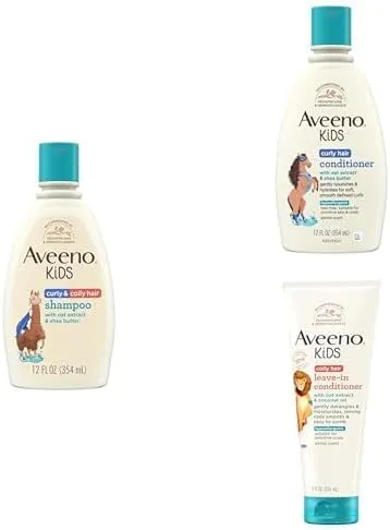 Bundle of Aveeno Kids Curly & Coily Hair Shampoo, Conditioner and Leave-In Treatement