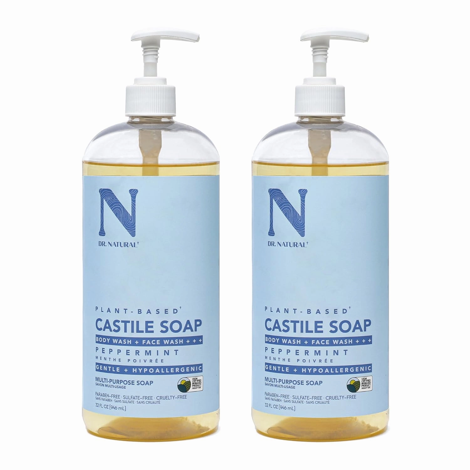 Castile Liquid Soap - Peppermint by Dr. Natural for Unisex - 32 oz Soap - Pack of 2
