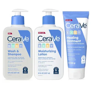CeraVe Baby Bath Set, 8oz Wash & Shampoo   8oz Moisturizing Lotion   3oz Healing Ointment, Fragrance, Parabens, Phthalates, & Tear Free Baby Bath Essentials